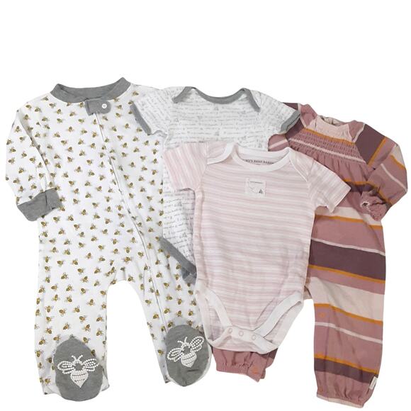Burts Bees Baby Girl 3-6mo Clothing Lot 4pc Footed Sleeper & Bodysuits Cotton - Picture 1 of 9